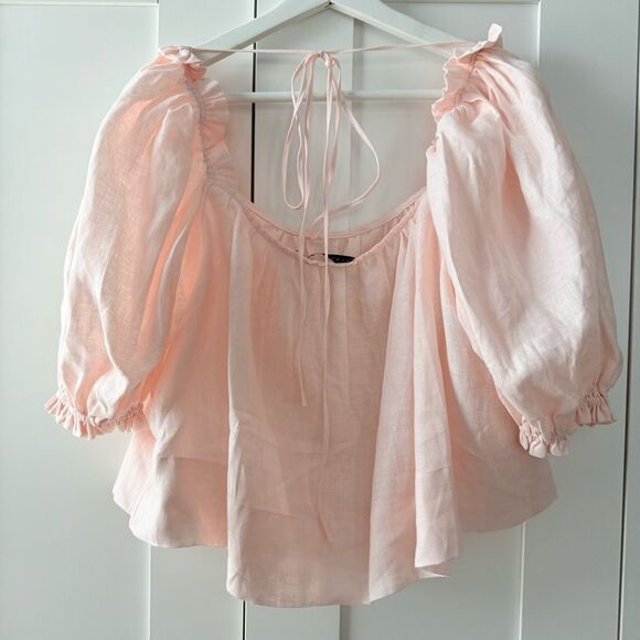 HARSHMAN Pink Puff Sleeve Linen Top | Size Small - Picture 3 of 5